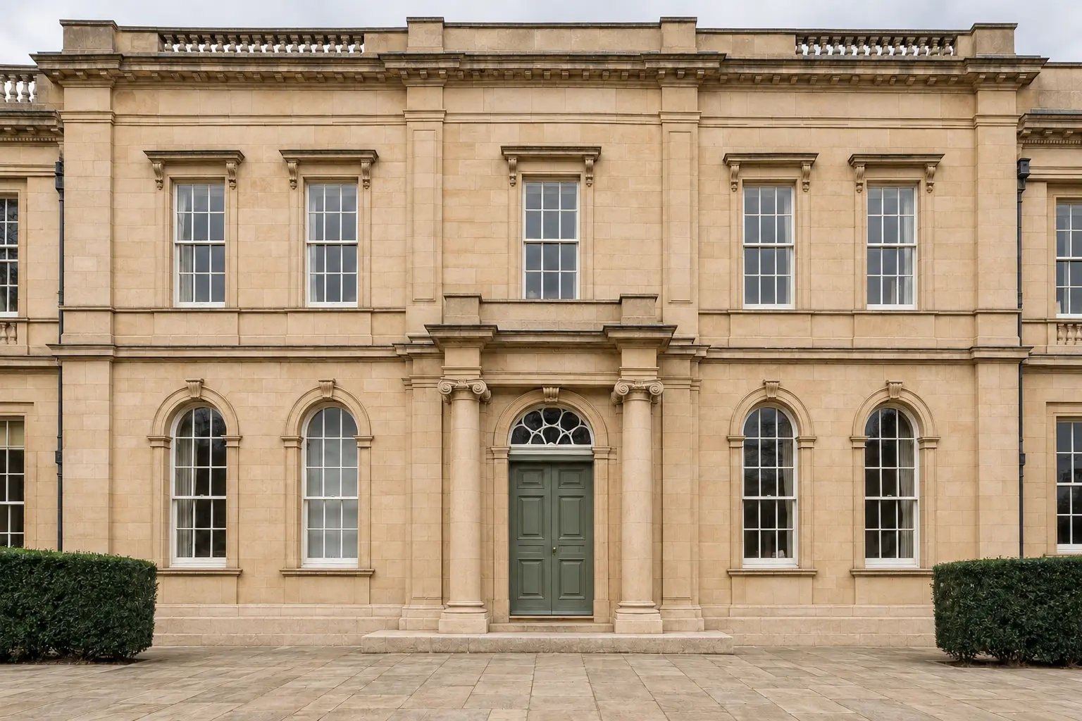 The same British heritage limestone façade shown after cleaning