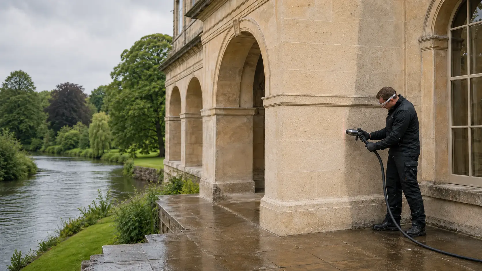 Illustrative view of a technician laser cleaning a British riverside limestone façade